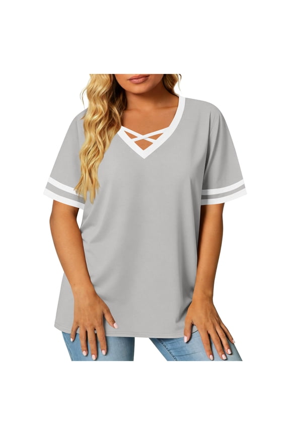 Womens Plus Size Tops Short Sleeve Crossover V-Neck Solid Color Loose T Shirts Summer Casual Blouses