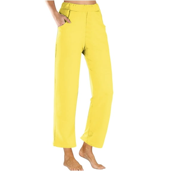 MeetoTime Womens Straight Pants Solid Loose Casual Elastic Waist Trousers Clothes Home Daily Lounge Pull On Pants