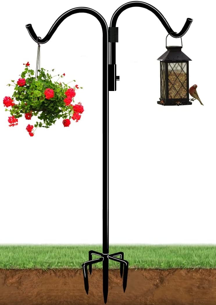 Meetop 76 Inch Double Shepherds Hook for Outdoor with 5 Prong Base, Adjustable Heavy Duty Bird Feeder Pole for Hanging Flower Basket, Plant Hanger, Solar Light Lanterns, Black