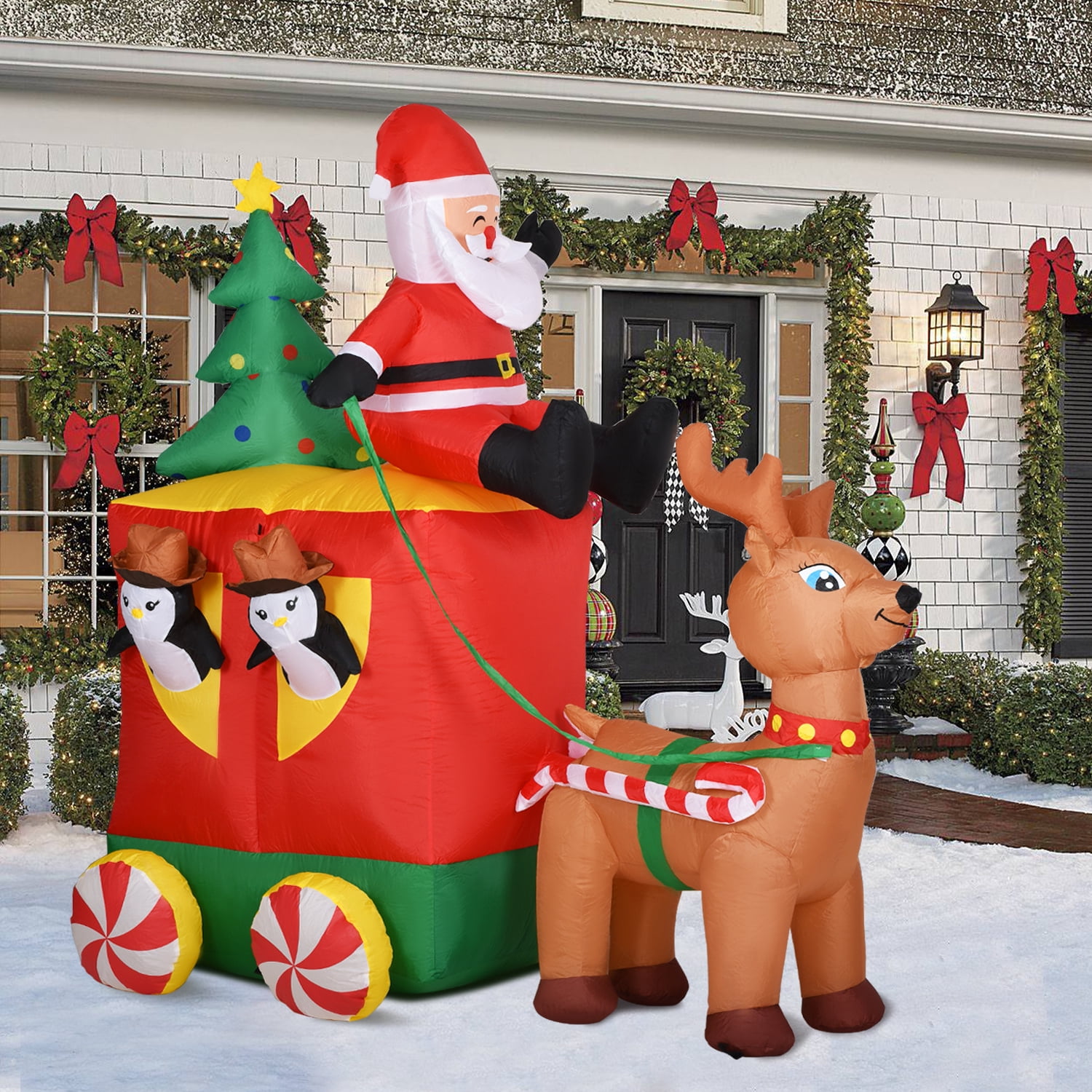 Meetop Christmas Inflatable Santa Sleigh and Reindeer, 6 ft Blow Up ...