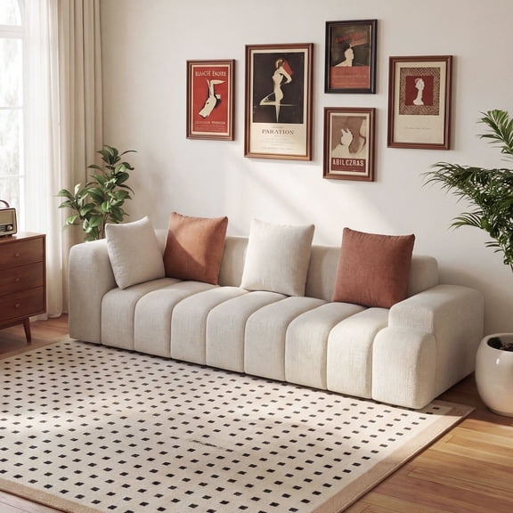 Meeyar 109" Deep Seat Sectional Sofa with 4 Throw Pillows, 2PCS Modular Boneless Couches for Living Room, Beige