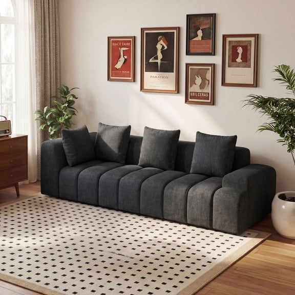 Meeyar 109" Deep Seat Sectional Sofa with 4 Throw Pillows, 2PCS Modular Boneless Couches for Living Room, Charcoal Black