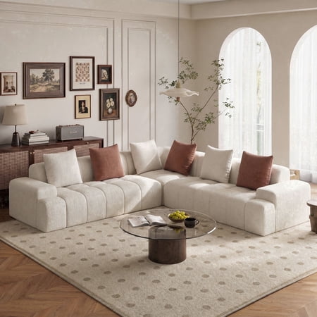 Meeyar 109" Beige L Shaped Modular Boneless Sectional Sofa, 3 Piece Couch for Living Room