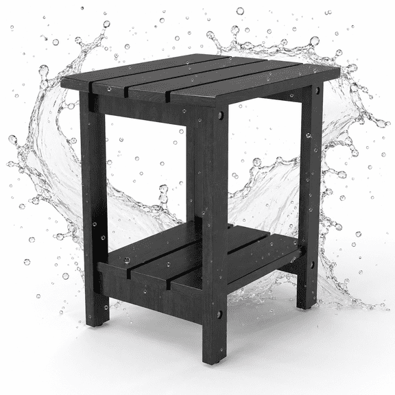 Meeyar 2-Tier Solid Pine Patio Side Table, Waterproof Adirondack End Table with Double Slatted Storage for Pool, Balcony, Living Room, Black