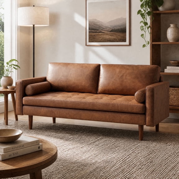 Meeyar 70'' Loveseat Sofa, 3-Seater Mid Century Modern Faux Leather Couch for Small Spaces, Brown