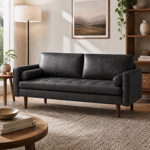 Meeyar 70'' Loveseat Sofa, Mid Century Modern Faux Leather 3-Seater Couch for Small Spaces, Charcoal Black