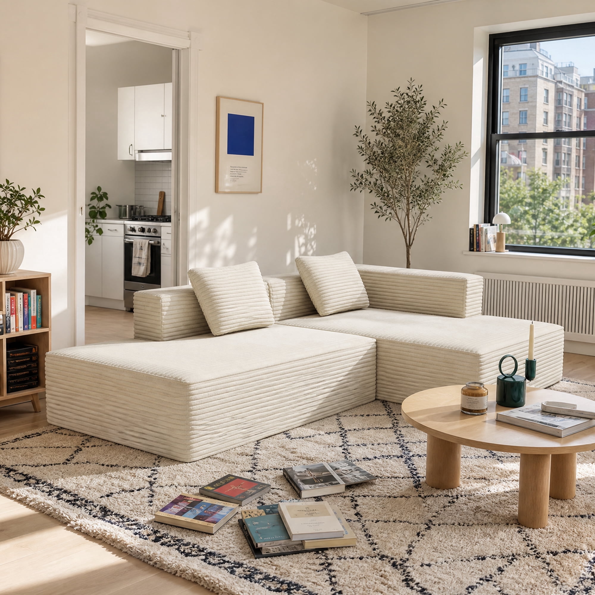 Meeyar 91" Boneless Modular Sectional Sofa with L Shaped Chaise, Cloud Couch for Living Room, Beige