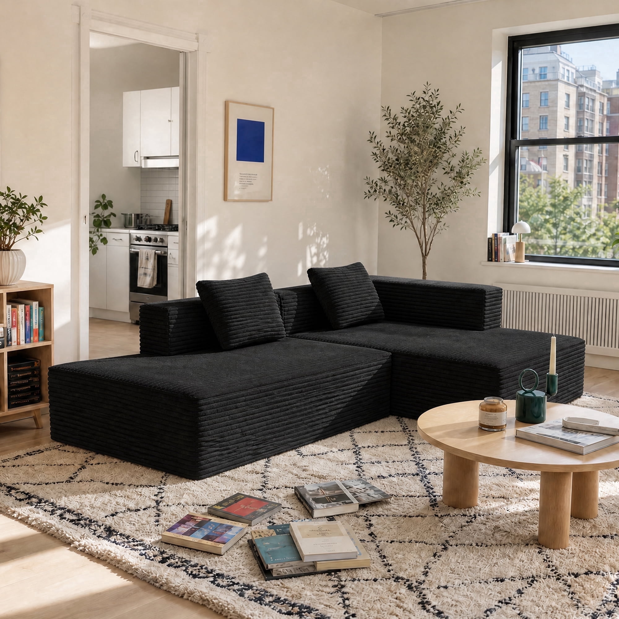Meeyar 91" Boneless Modular Sectional Sofa with L Shaped Chaise, Cloud Couch for Living Room, Carbon Black