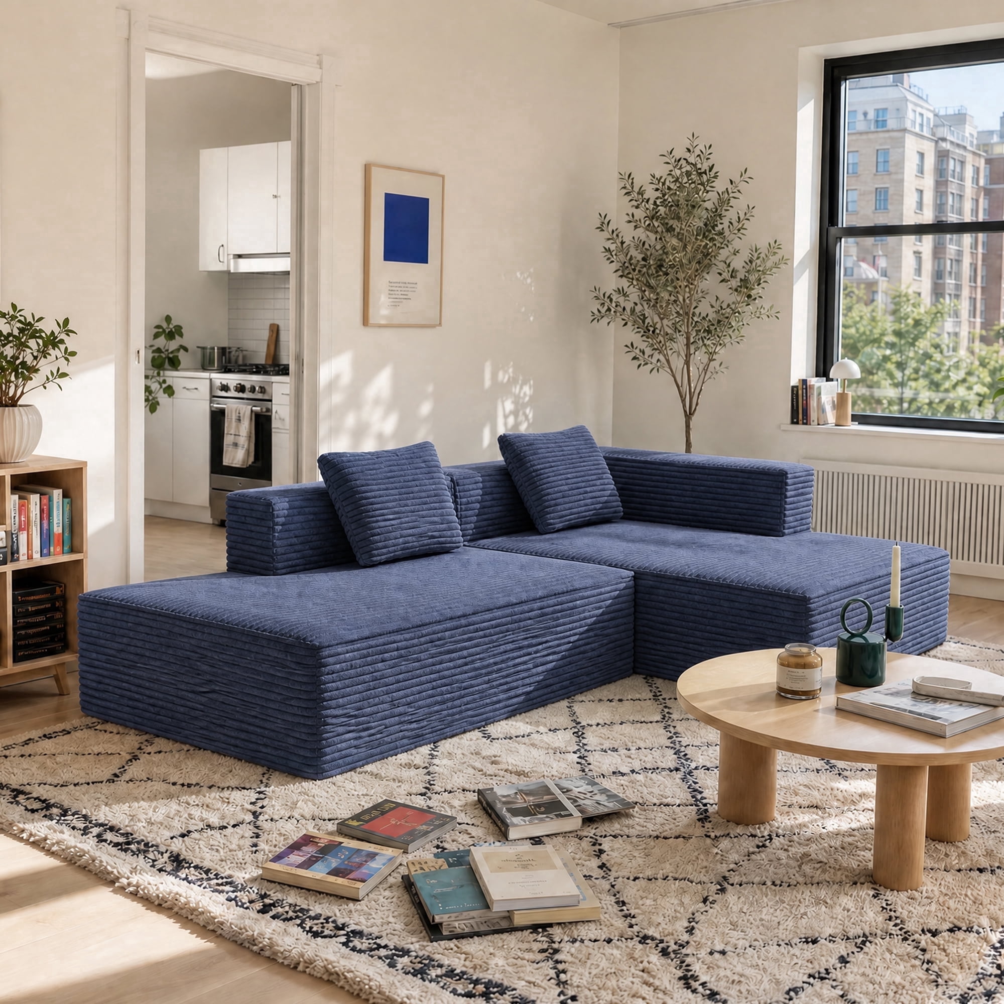 Meeyar 91" Boneless Modular Sectional Sofa with L Shaped Chaise, Cloud Couch for Living Room, Navy Blue