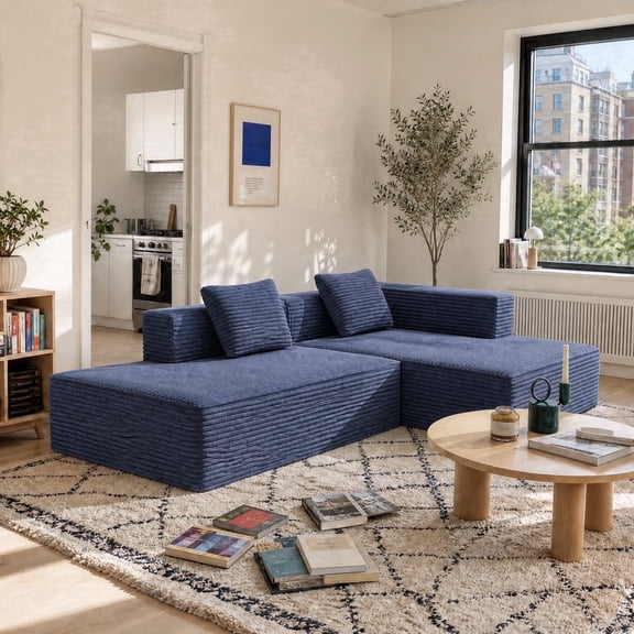 Meeyar 91" Boneless Modular Sectional Sofa with L Shaped Chaise, Cloud Couch for Living Room, Navy Blue