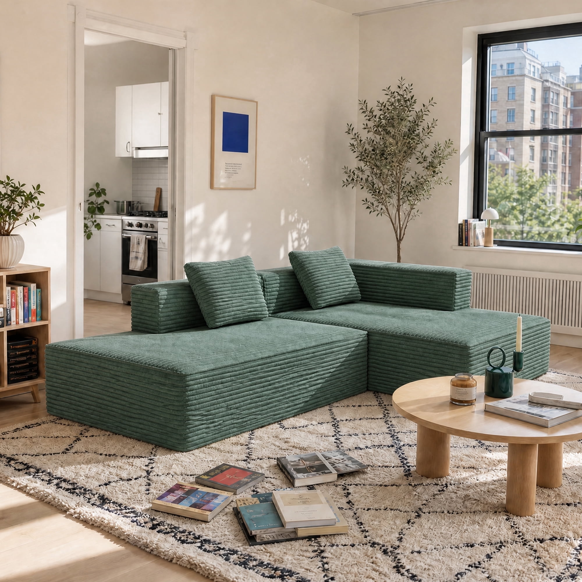 Meeyar 91" Boneless Modular Sectional Sofa with L Shaped Chaise, Cloud Couch for Living Room, Olive Green