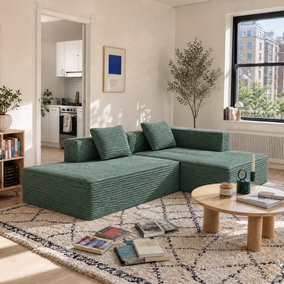 Meeyar 91" Boneless Modular Sectional Sofa with L Shaped Chaise, Cloud Couch for Living Room, Corduroy Black