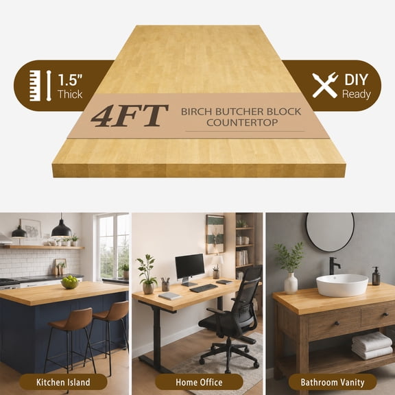 Meeyar Birch Wood Butcher Block Countertop 4ft L x 25"W x 1.5" Thick, Unfinished Table Top for DIY Home Improvement
