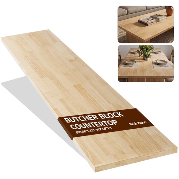 Meeyar Birch Wood Butcher Block Countertop 8ft L x 25"W x 1.5" Thick, Unfinished Table Top for DIY Home Improvement