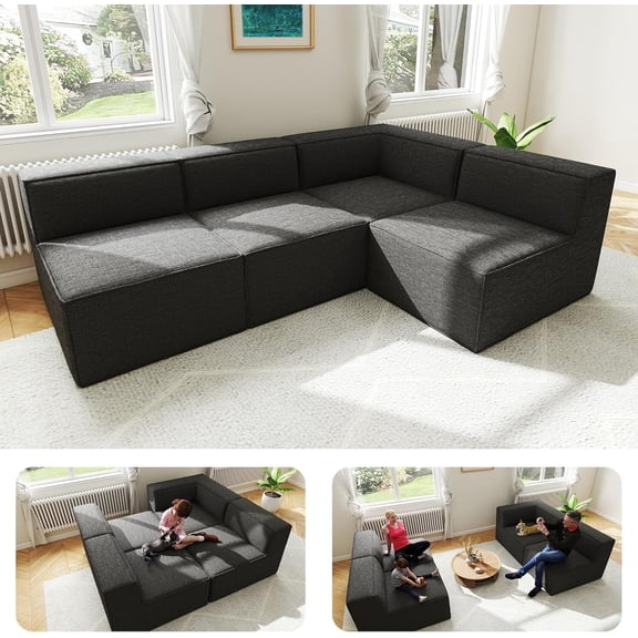 Meeyar Boneless Cloud Couch Modular Sectional Sofa, L Shaped with Chaise No Assembly Foam Couches for Living Room, Gray 4PCS
