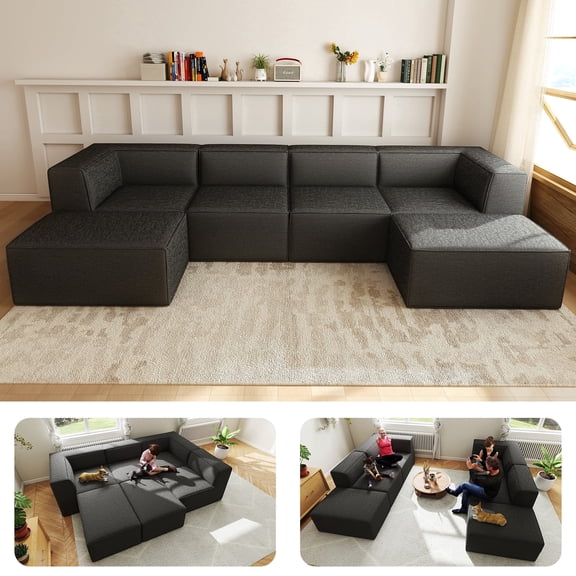 Meeyar Boneless Cloud Couch Modular Sectional Sofa, U Shaped with Chaise No Assembly Foam Couches for Living Room, Gray 6PCS