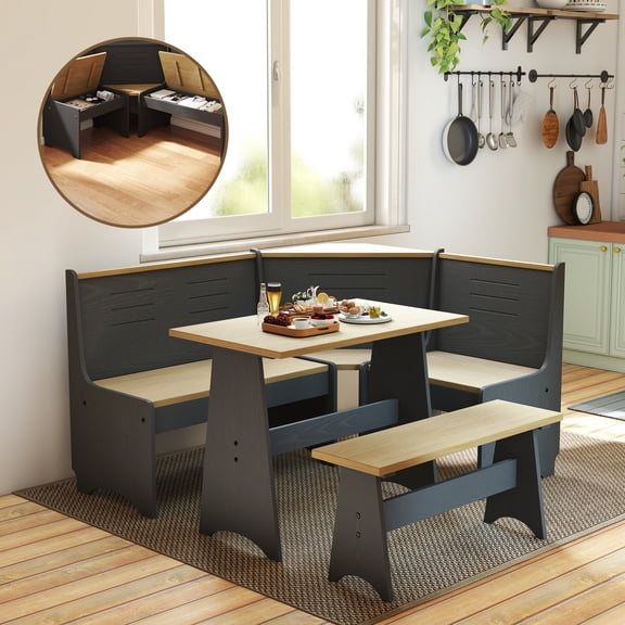 Meeyar Breakfast Nook Corner Dining Table Set with Storage, Modern Reversible Indoor Kitchen Table with Bench Seats 3-5, Blak