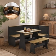 Meeyar Breakfast Nook Corner Dining Table Set with Storage, Modern Reversible Natural Solid Indoor Kitchen Table with Bench Seats 3-5, Blak