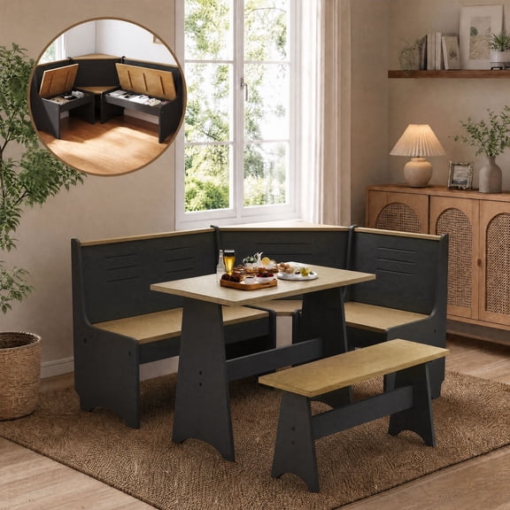 Meeyar Breakfast Nook Corner Dining Table Set with Storage, Modern Reversible Natural Solid Indoor Kitchen Table with Bench Seats 3-5, Blak