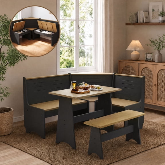 Meeyar Breakfast Nook Corner Dining Table Set with Storage, Modern Reversible Indoor Kitchen Table with Bench Seats 3-5, Blak