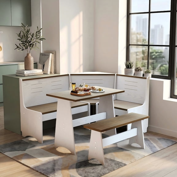 Meeyar Breakfast Nook Corner Dining Table Set with Storage, Modern Reversible Indoor Kitchen Table with Bench Seats 3-4, White-Brown
