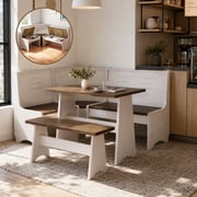 Meeyar Breakfast Nook Corner Dining Table Set with Storage, Natural Solid Modern Reversible Indoor Kitchen Table with Bench Seats 3-4, White-Brown