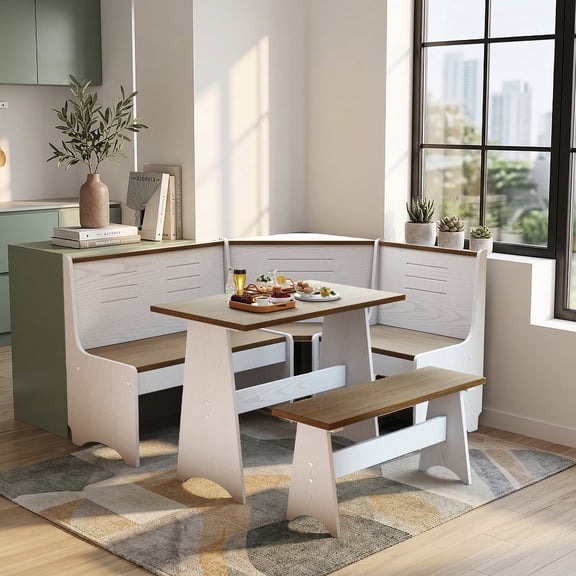 Meeyar Breakfast Nook Corner Dining Table Set with Storage, Natural Solid Modern Reversible Indoor Kitchen Table with Bench Seats 3-4, White-Brown