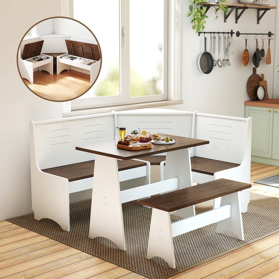 Meeyar Breakfast Nook Corner Dining Table Set with Storage, Modern Reversible Indoor Kitchen Table with Bench Seats 3-4, White-Brown