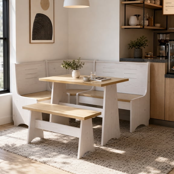 Meeyar Breakfast Nook Corner Dining Table Set with Storage, Modern Reversible Natural Solid Indoor Kitchen Table with Bench Seats 3-5, White-Nuture