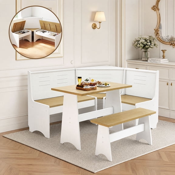 Meeyar Breakfast Nook Corner Dining Table Set with Storage, Modern Reversible Indoor Kitchen Table with Bench Seats 3-5, White-Nuture