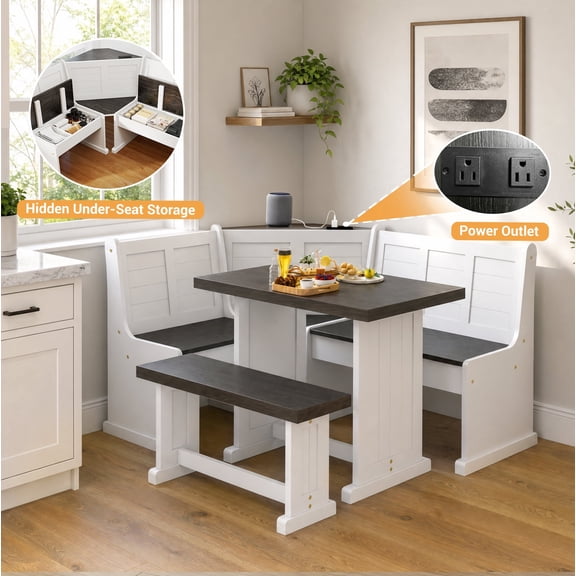 Meeyar Breakfast Nook Table Set with Power Outlet, Hidden Storage Benches for Kitchen, White