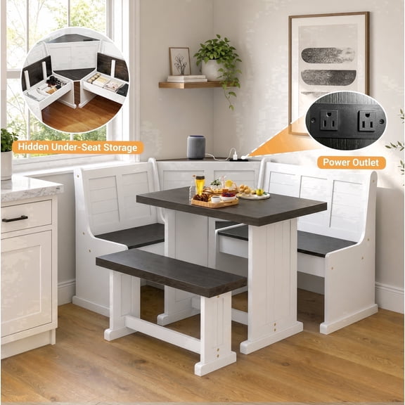 Meeyar Breakfast Nook Table Set with Power Outlet, Hidden Storage Benches for Kitchen, White