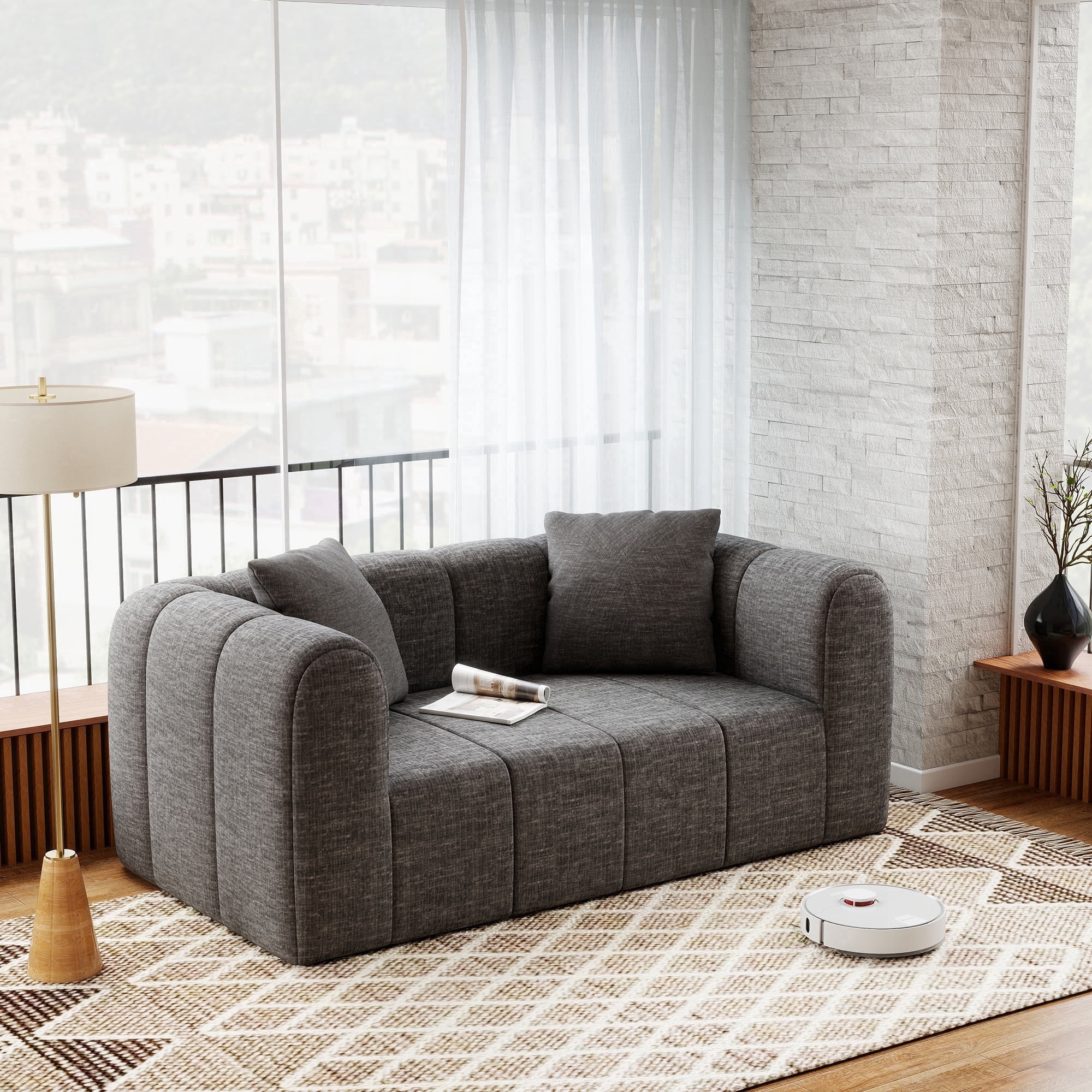 Meeyar Loveseat Sofa with 2 Cushions, 65" Modern Bubble Couch 2 Seater for Living Room, Charcoal Black