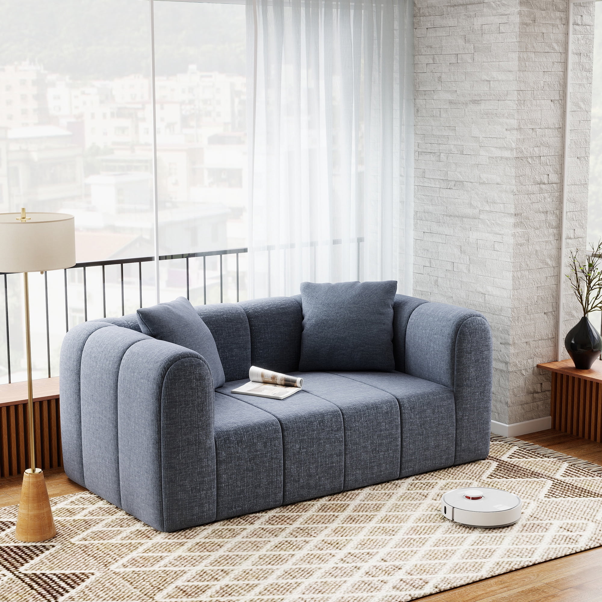 Meeyar Loveseat Sofa with 2 Cushions, 65" Modern Bubble Couch 2 Seater for Living Room, Blue