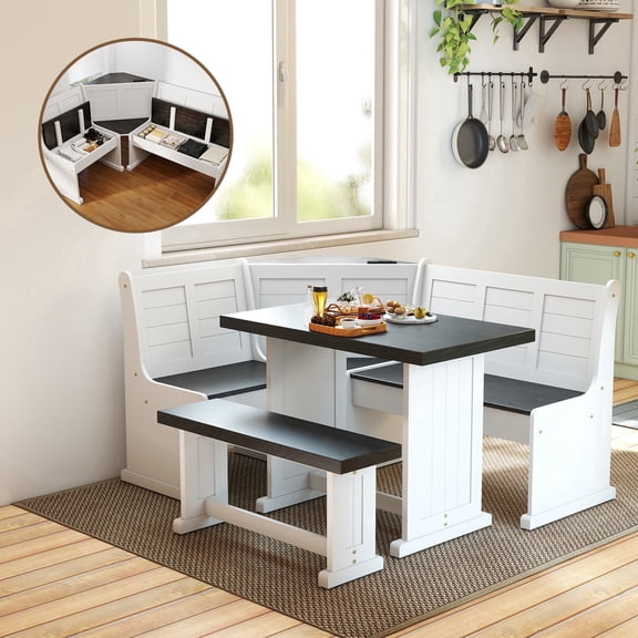 Koby Home Breakfast Nook Set with Power Outlet and Storage Benches, Modern Reversible Corner Dining Table for Kitchen, White-Black