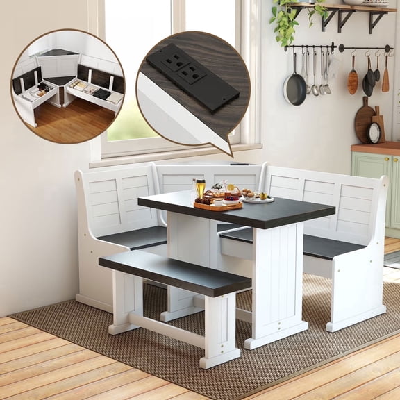 Meeyar Breakfast Nook Set with Power Outlet, Modern Reversible Corner Dining Table and Storage Benches, White-Black