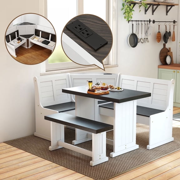 Meeyar Breakfast Nook Set with Power Outlet, Modern Reversible Corner Dining Table and Storage Benches, White-Black