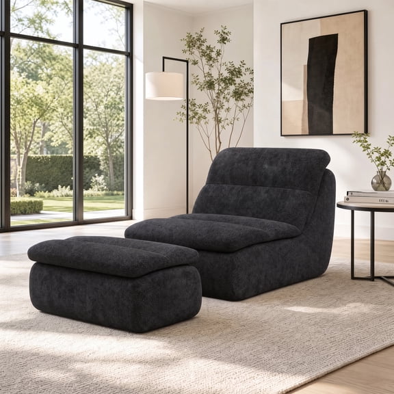 Meeyar Oversized Chenille Lounge Chair with Ottoman, Lazy Accent Chair, Low Seat for Lounging & Napping, Black