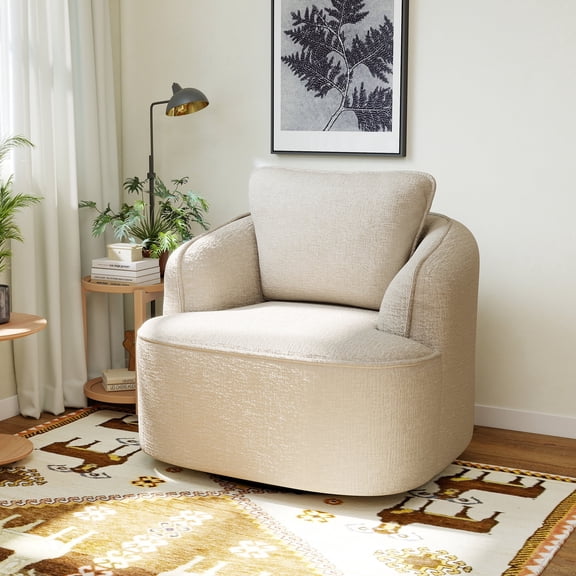 Meeyar Swivel Accent Chair with a Back Cushion, Comfy Chenille Barrel Chairs for Living Room Bedroom, Beige