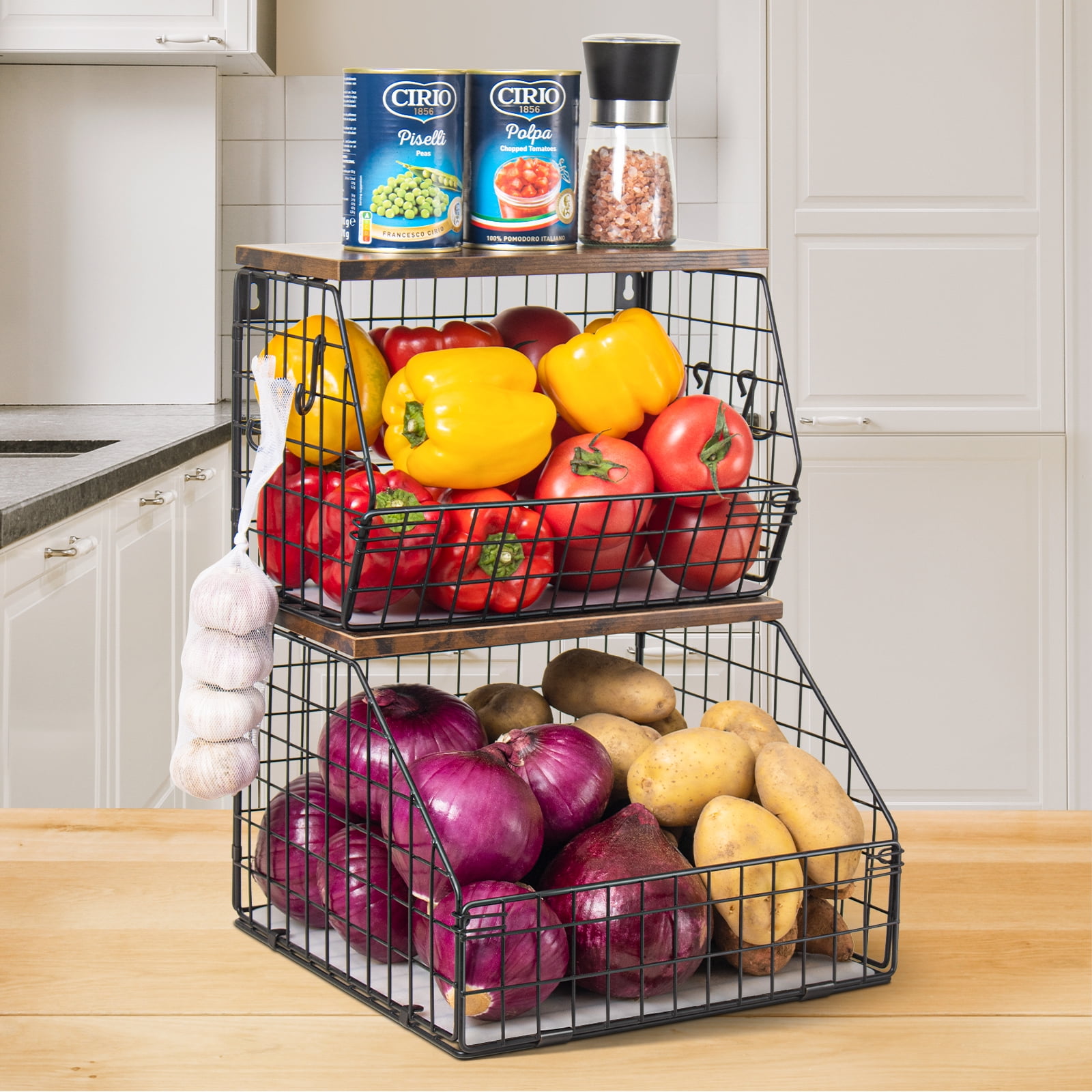 X-cosrack Stackable Wire Baskets, 2-Tier Wall-Mounted & Countertop Potato  Onion Storage Fruit Vegetable Basket Produce Pantry Organizer Bin Snack for  Kitchen Cabinet - Yahoo Shopping