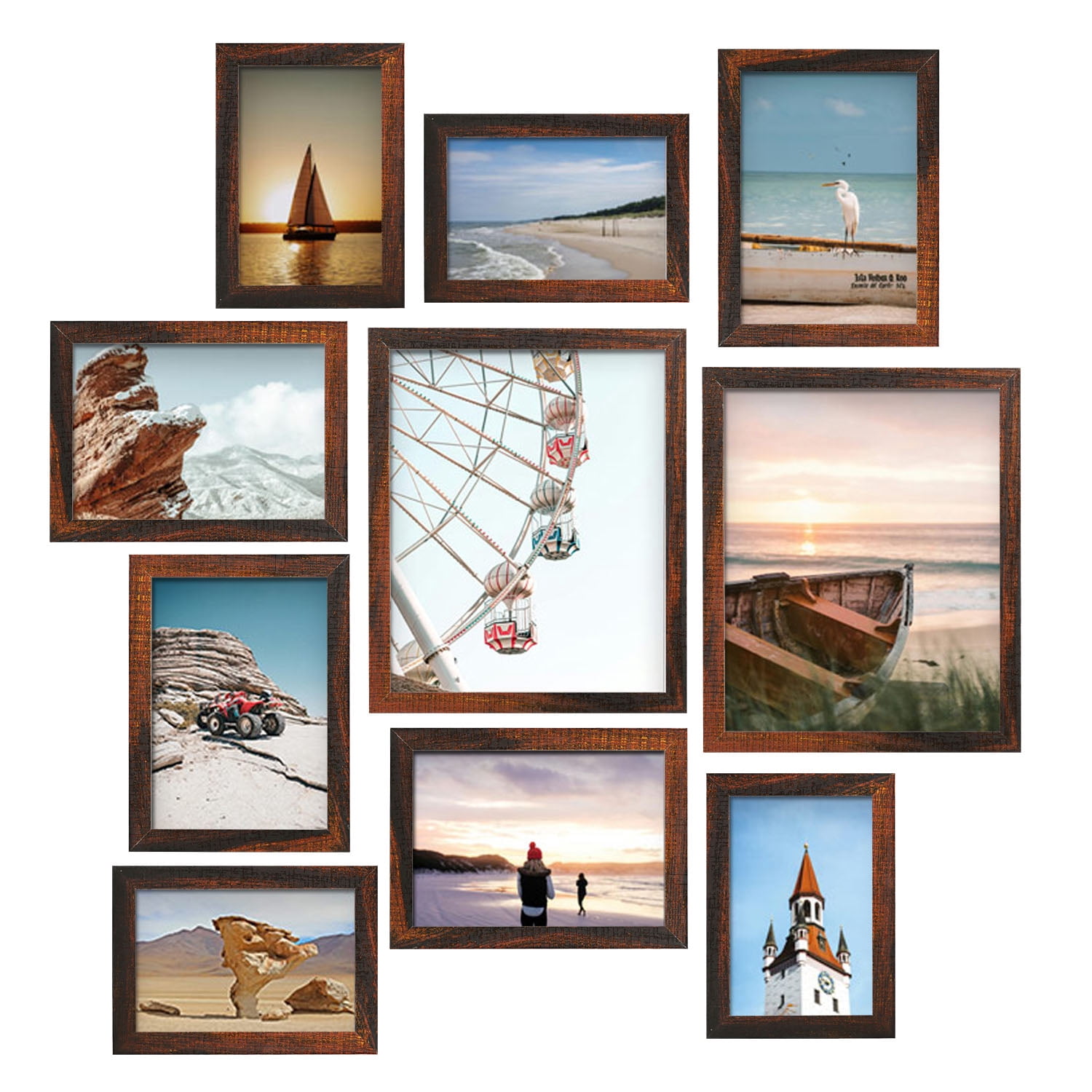 Meframe 10 PACK Wooden Collage Picture Frame Set, Wall or Tabletop Display Photo Frames, Multiple Sizes Including 8x10, 5x7, 4x6, Dark Brown