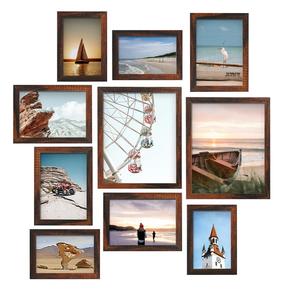 Meframe 10 PACK Wooden Collage Picture Frame Set, Wall or Tabletop Display Photo Frames, Multiple Sizes Including 8x10, 5x7, 4x6, Dark Brown