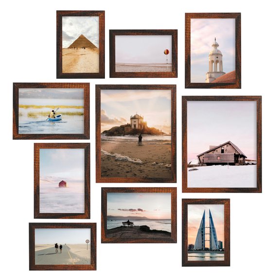 Meframe 10 PACK Wooden Collage Picture Frame Set, Wall or Tabletop Display Photo Frames, Multiple Sizes Including 8x10, 5x7, 4x6, Dark Brown