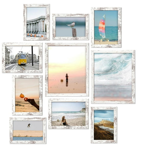 Meframe 10PACK Wooden Collage Picture Frame Set, Wall and Tabletop Display Photo Frames, Multiple Sizes Including 8x10, 5x7, 4x6, Frosted White