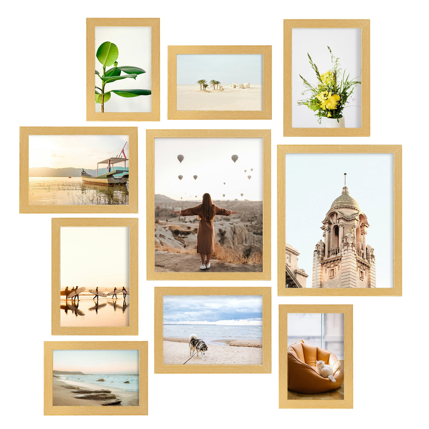 Meframe 10 PACK Wooden Collage Picture Frame Set, Wall or Tabletop Display Photo Frames, Multiple Sizes Including 8x10, 5x7, 4x6, Gold