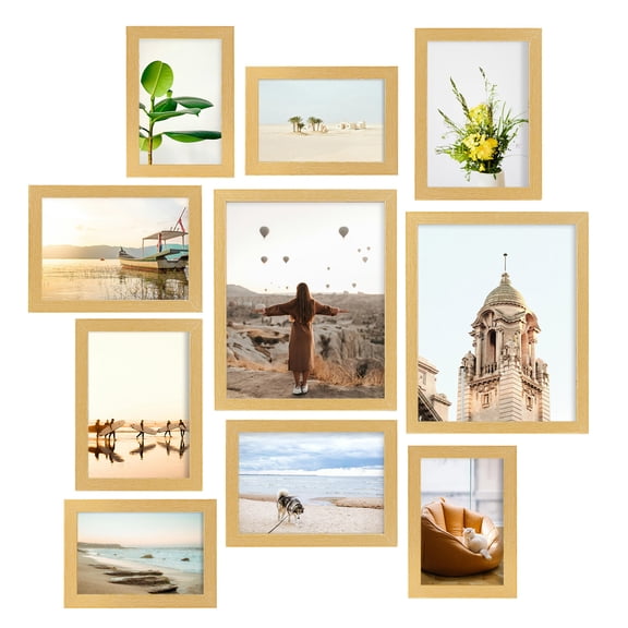 Meframe 10 PACK Wooden Collage Picture Frame Set, Wall or Tabletop Display Photo Frames, Multiple Sizes Including 8x10, 5x7, 4x6, Gold