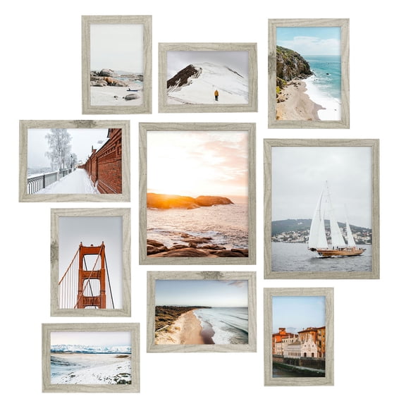 Meframe 10 PACK Wooden Collage Picture Frame Set, Wall or Tabletop Display Photo Frames, Multiple Sizes Including 8x10, 5x7, 4x6, Gray