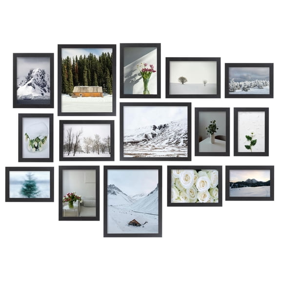 Meframe 15 PACK Wooden Collage Picture Frame Set, Wall and Tabletop Display Photo Frames, Multiple Sizes Including 8x10, 5x7, 4x6, Black