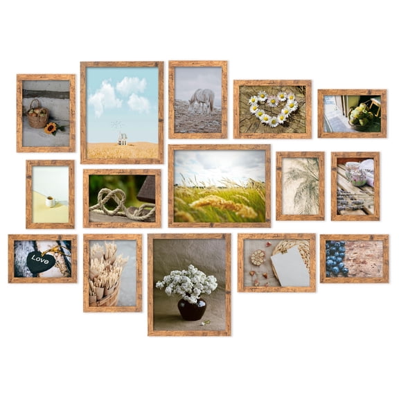 Meframe 15 PACK Wooden Collage Picture Frame Set, Wall and Tabletop Display Photo Frames, Multiple Sizes Including 8x10, 5x7, 4x6, Brown