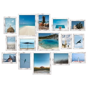 Meframe 15 PACK Wooden Collage Picture Frame Set, Wall and Tabletop Display Photo Frames, Multiple Sizes Including 8x10, 5x7, 4x6, Frosted White